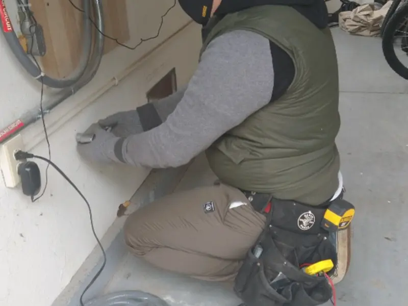 Electrician performing outlet wiring in a Madera Ranchos garage